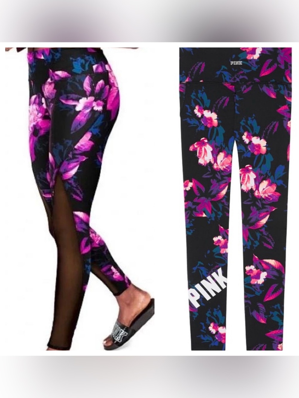VS VICTORIAS SECRET PINK ULTIMATE LEGGING PANT SWEATS BLACK FLORAL MESH S
